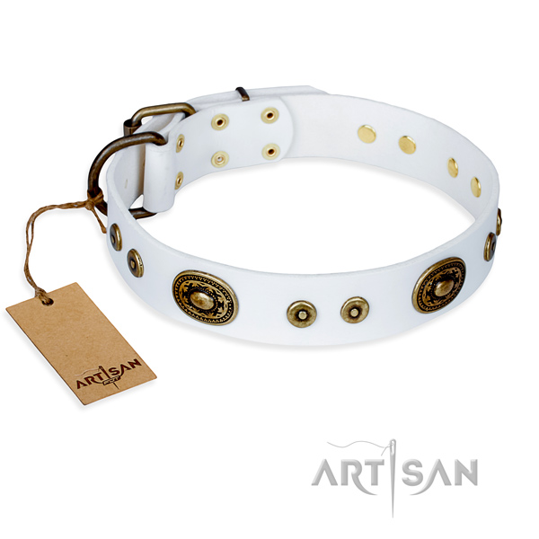 Hardwearing leather dog collar with corrosion-resistant elements