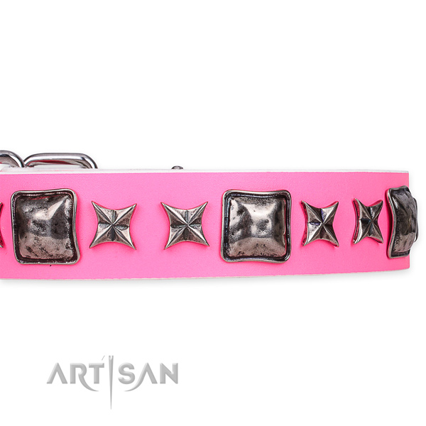 Adjustable leather dog collar with extra sturdy non-rusting set of hardware