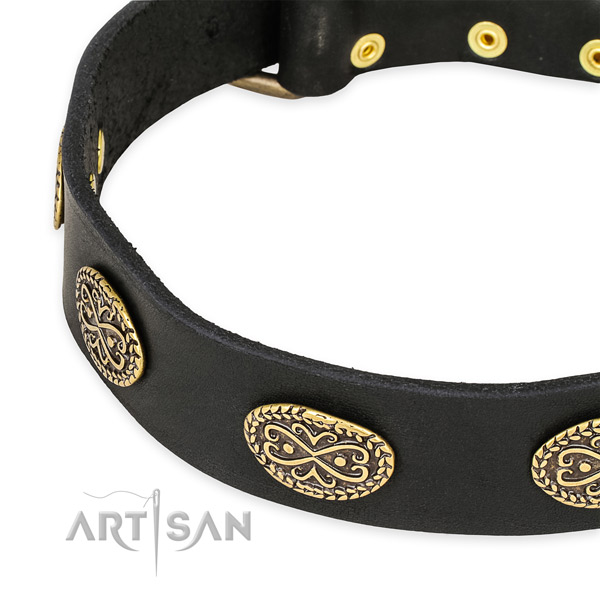 Snugly fitted leather dog collar with extra sturdy non-rusting buckle and D-ring