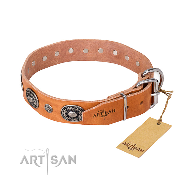 Unusual design decorations on genuine leather dog collar