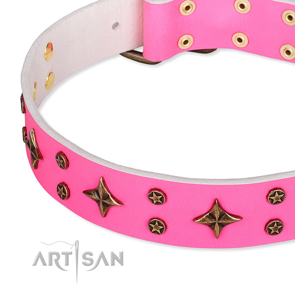 Quick to fasten leather dog collar with almost unbreakable old-bronze plated steel set of hardware