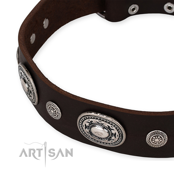Quick to fasten leather dog collar with resistant non-rusting set of hardware