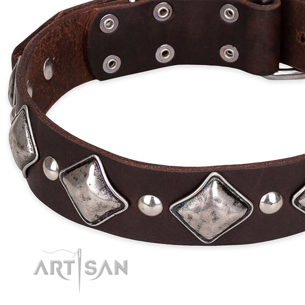 Easy to put on/off leather dog collar with almost unbreakable non-rusting buckle and D-ring