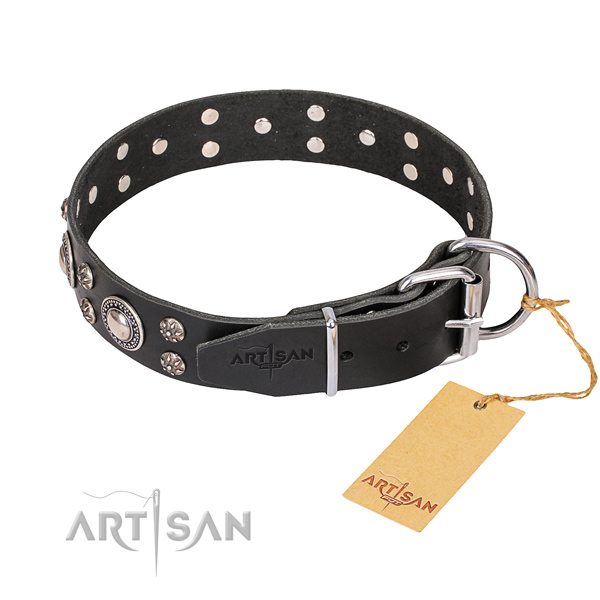 Full grain leather dog collar with worked out leather strap