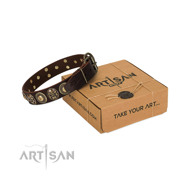 Embellished full grain natural leather dog collar for easy wearing