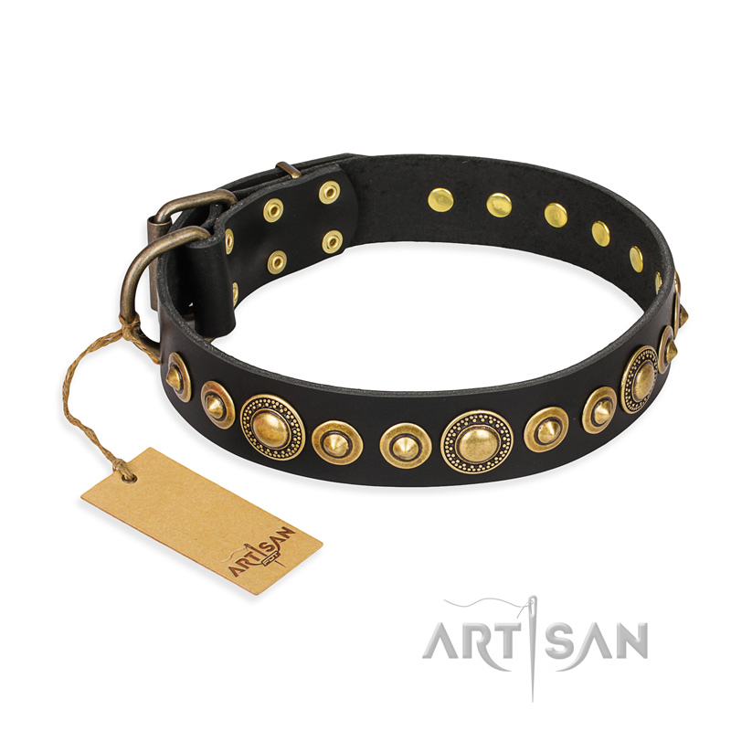 'Gold Mine' FDT Artisan Doberman Black Leather Dog Collar with Amazing Bronze-Plated Round Studs