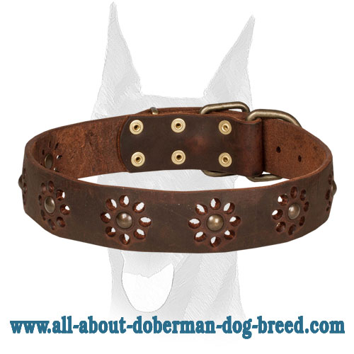 "Spring mood" Leather Doberman Collar with Punched Flowers