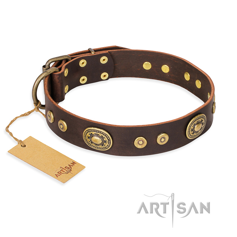 'One-of-a-Kind' FDT Artisan Handcrafted Brown Leather Dog Collar with Decor - Click Image to Close