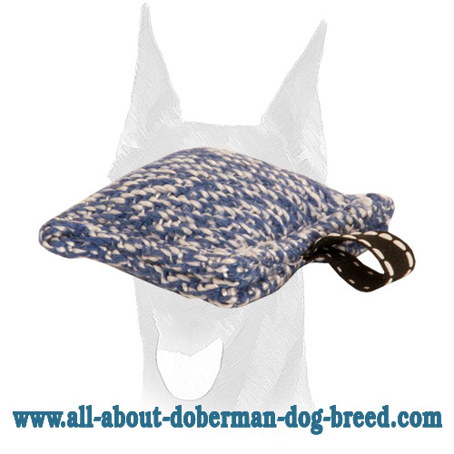 French Linen pocket-size Doberman puppy bite tug with a small loop