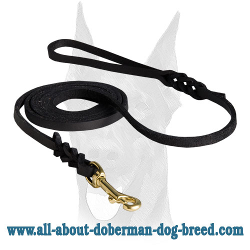 Soft Premium Leather Leash with Braided Ends 3/8" wide Doberman