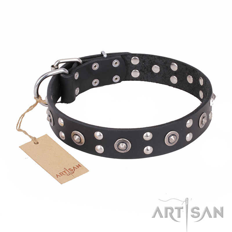 'Refined Essence' FDT Artisan Black Leather Doberman Dog Collar with Silvery Studs - 1 1/2 inch (40 mm) Wide