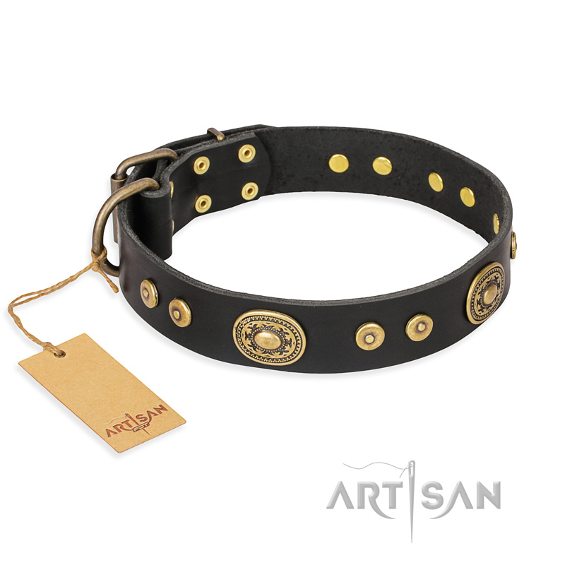 'Golden Radiance' FDT Artisan Black Leather Doberman Collar with Old Bronze Look Ovals and Circles