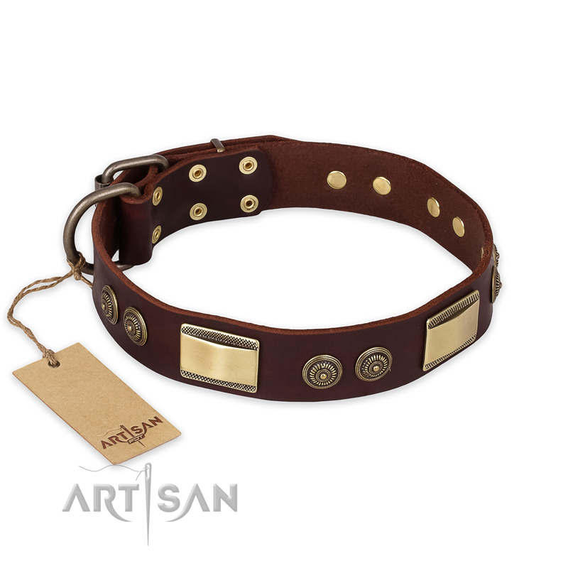 "Golden Stones" FDT Artisan Brown Leather Doberman Collar with Old Bronze Look Adornment - 1 1/2 inch (40 mm) wide - Click Image to Close