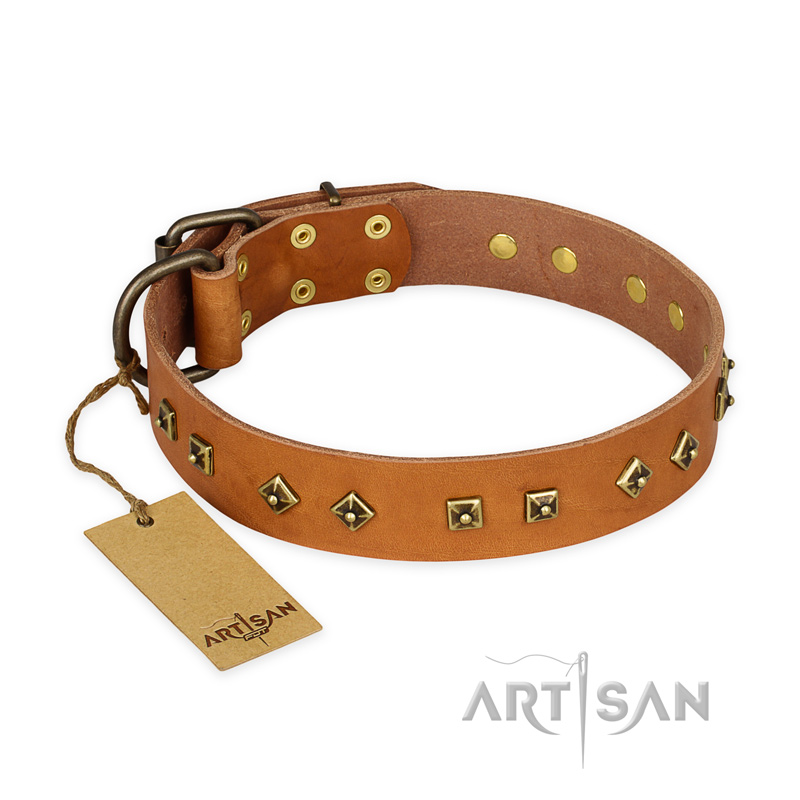 'Autumn Story' FDT Artisan Tan Leather Doberman Collar with Old Bronze Look Studs - 1 1/2 inch (40 mm) wide