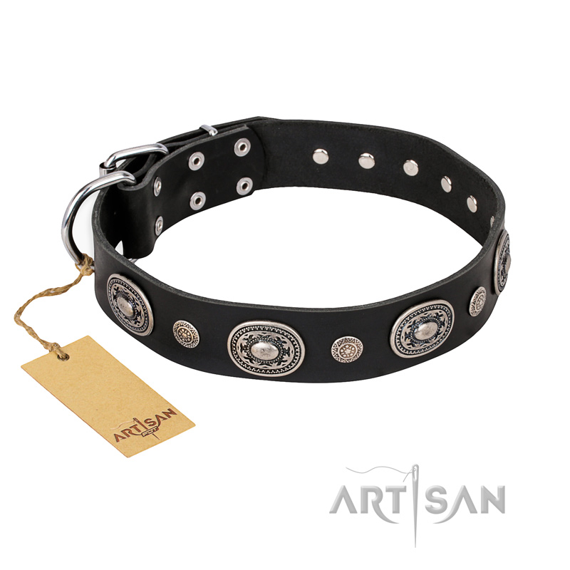 'Black Tie' FDT Artisan Leather Doberman Collar with Old Silver-like Decorations - 1 1/2 inch (40 mm) wide