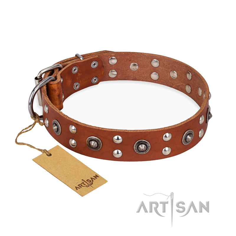 'Silver Elegance' FDT Artisan Tan Leather Doberman Collar with Old Silver-Like Plated Studs and Cones 1 1/2 inch (40 mm) Wide