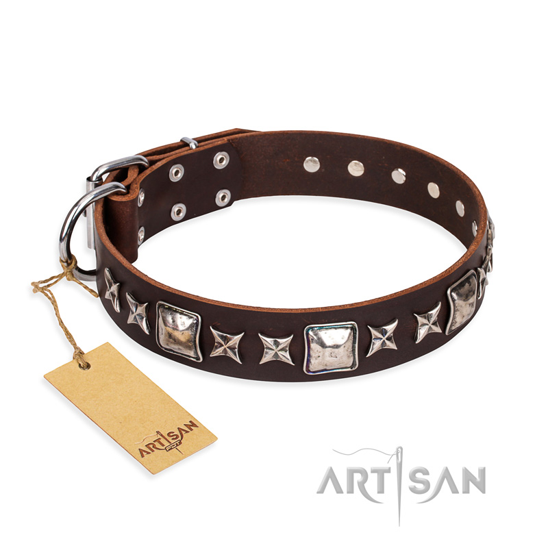 'Perfect Impression' FDT Artisan Brown Leather Doberman Collar with Silvery Square Studs - 1 1/2 inch (40 mm) Wide