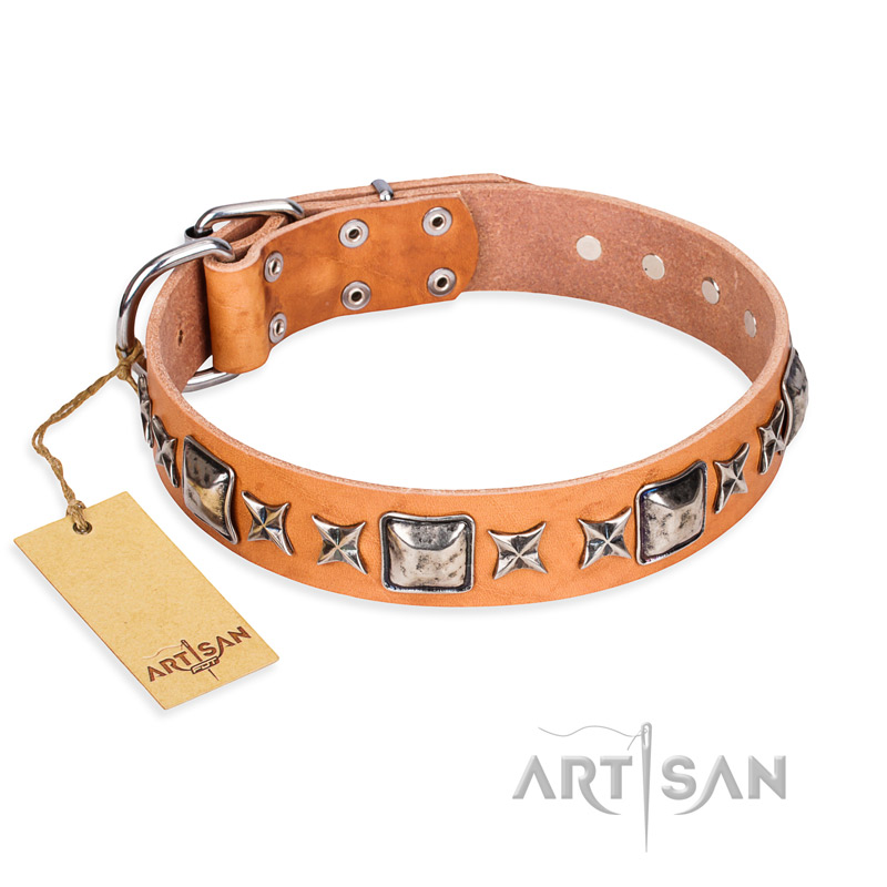 'Silver Chic' FDT Artisan Tan Leather Doberman Collar with Silvery-plated Decorations