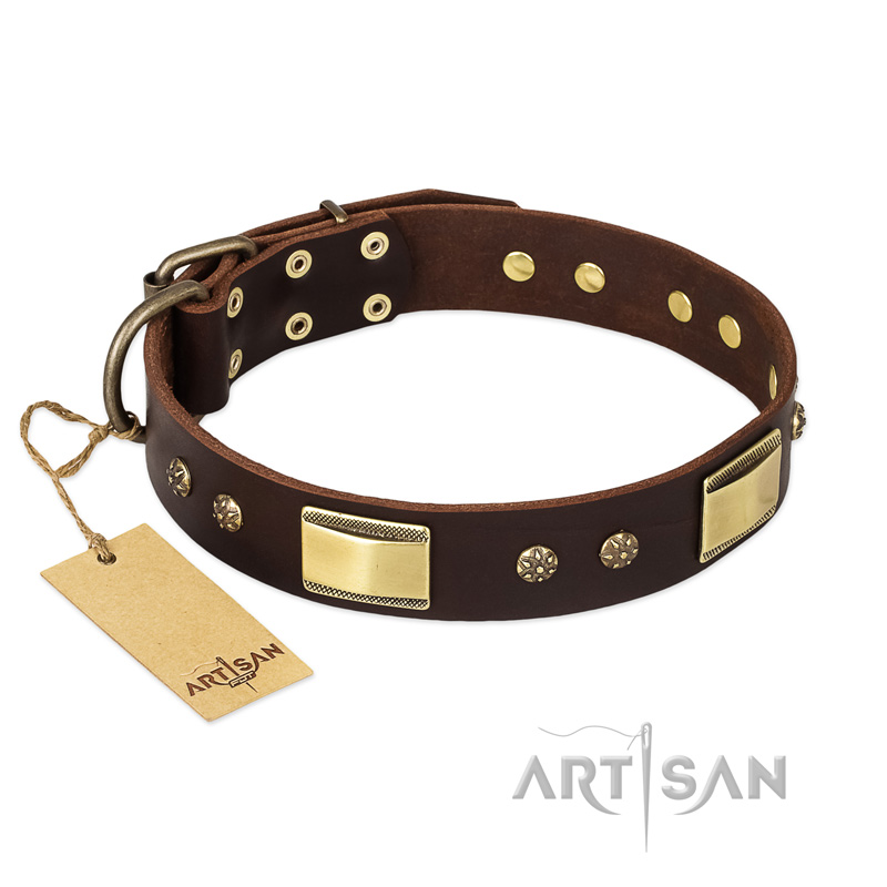 FDT Artisan 'Rich Fashion' Decorated Leather Doberman Collar with Plates and Studs - 1 1/2 inch (40 mm) wide