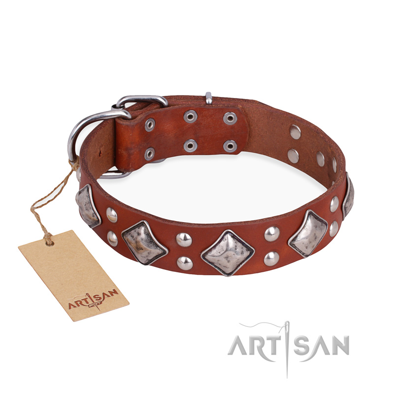"Magic Squares" FDT Artisan Easy Adjustable Tan Leather Doberman Collar