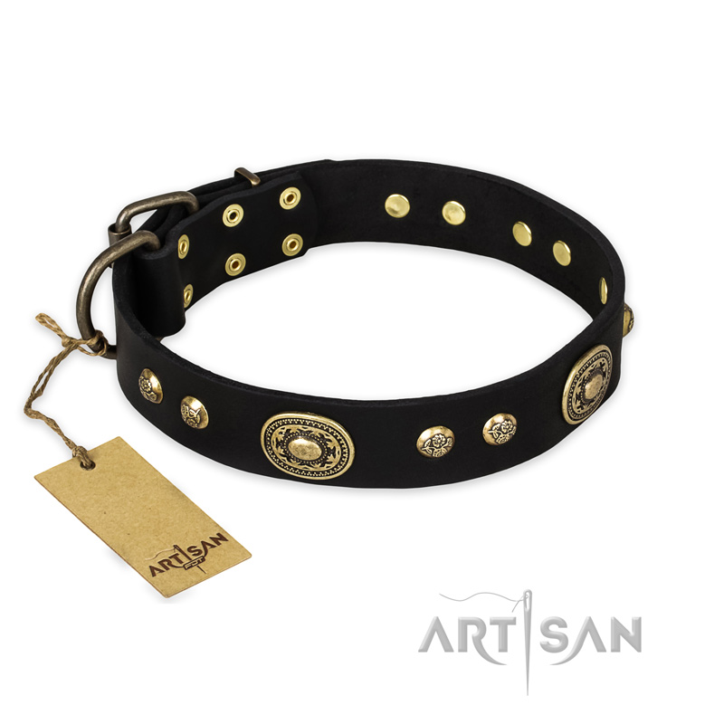 'High Fashion' FDT Artisan Studded with Plates Black Leather Doberman Collar