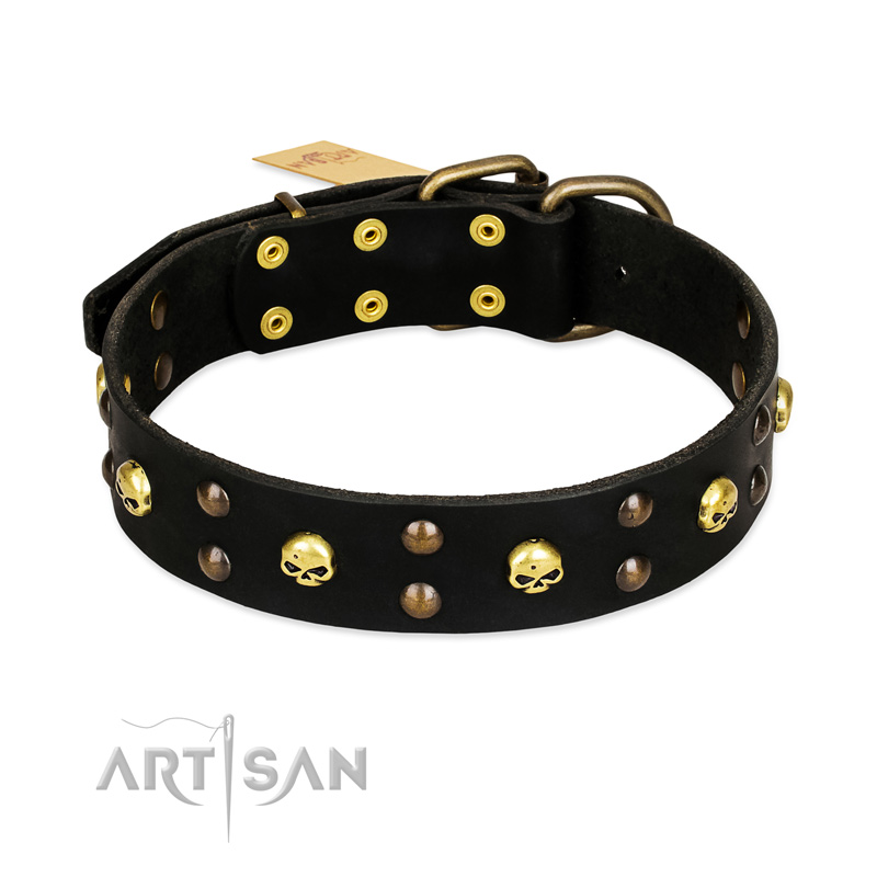 FDT Artisan 'Heavy Metal' Leather Doberman Collar with Skulls and Studs 1 1/2 inch (40 mm)