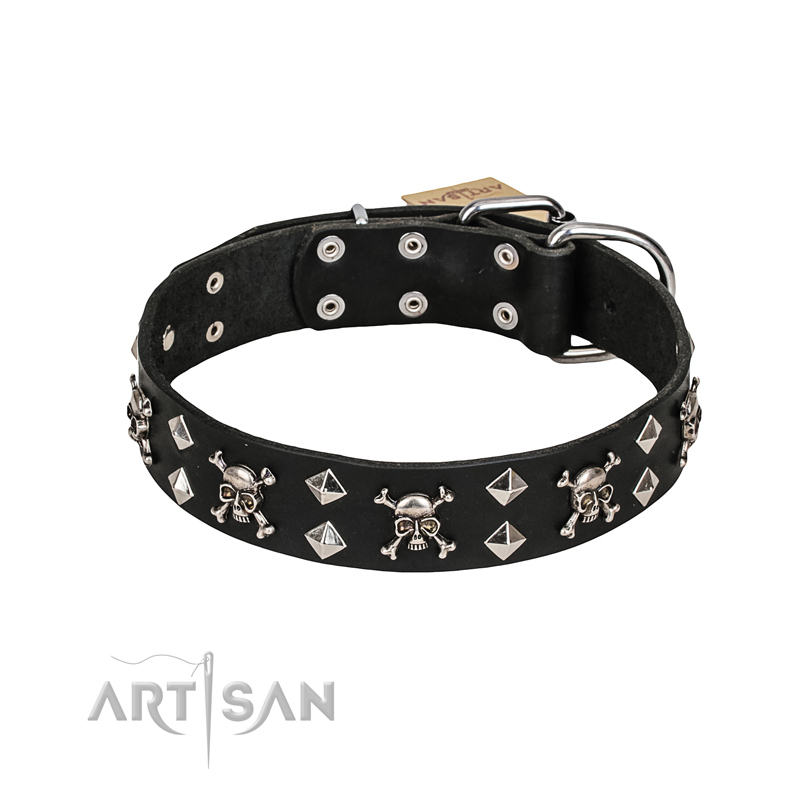 FDT Artisan 'Rock 'n' Roll Style' Leather Doberman Collar with Skulls, Bones and Studs 1 1/2 inch (40 mm) wide