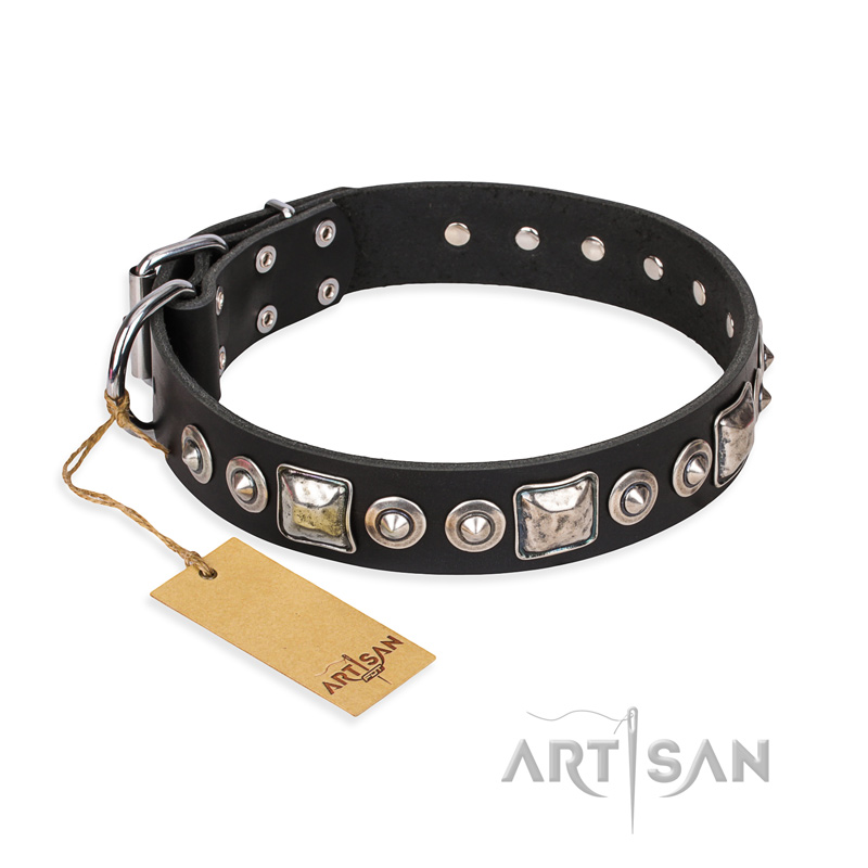 'Eternal Beauty and Style' FDT Artisan Adorned Black Leather Doberman Dog Collar - 1 1/2 inch (40mm) wide