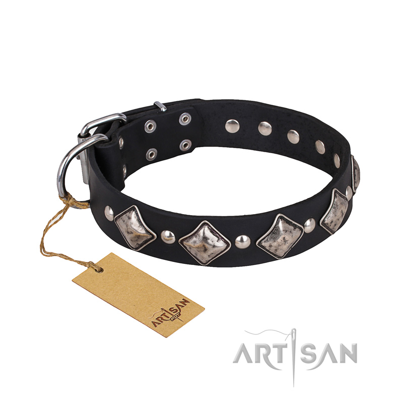 'Silver Charm' FDT Artisan Genuine Leather Doberman Collar with Chrome Plated Decorations - Click Image to Close