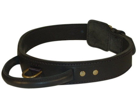 Tac-Black Leather Agitation Collar With Handle for Doberman