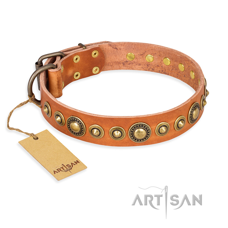 'Feast of Luxury' FDT Artisan Doberman Tan Leather Dog Collar with Old Bronze-Like Plated Circles - 1 1/2 inch (40 mm) wide