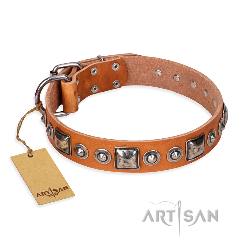 'Era of Future' FDT Artisan Handcrafted Tan Leather Doberman Dog Collar with Decorations
