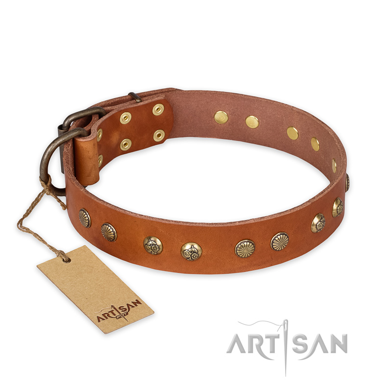 'Spring Flavor' FDT Artisan Doberman Tan Leather Dog Collar with Old Bronze-Like Plated Engraved Studs 1 1/2 inch (40 mm) wide