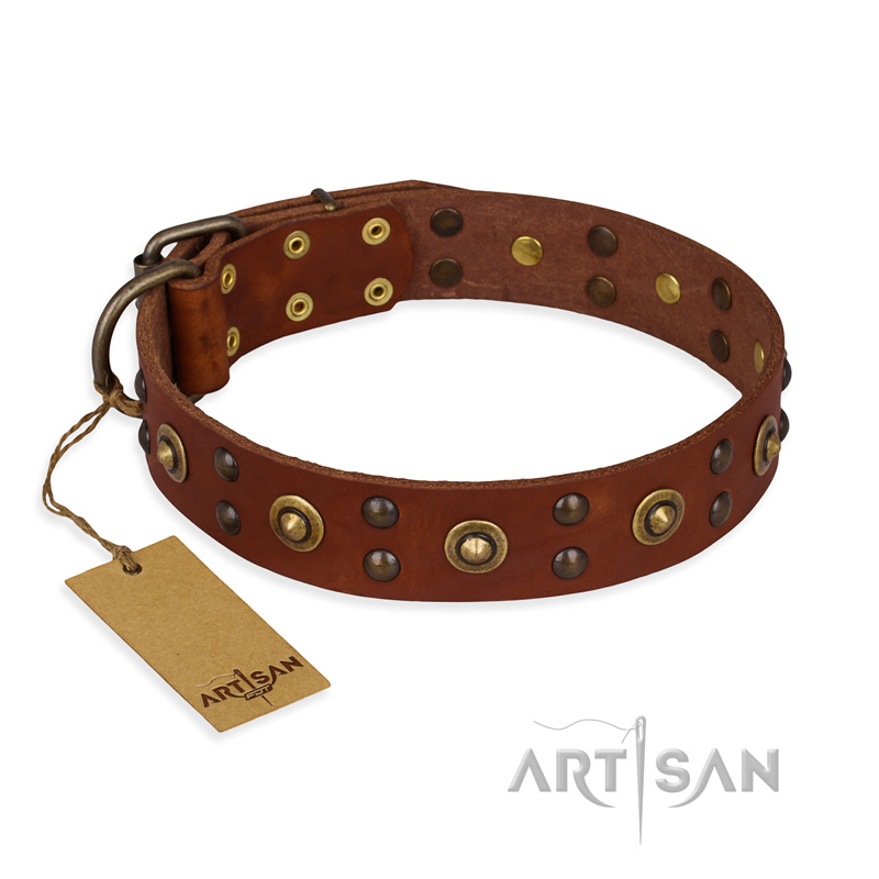 'Unfailing Charm' FDT Artisan Doberman Studded Tan Leather Dog Collar - Click Image to Close