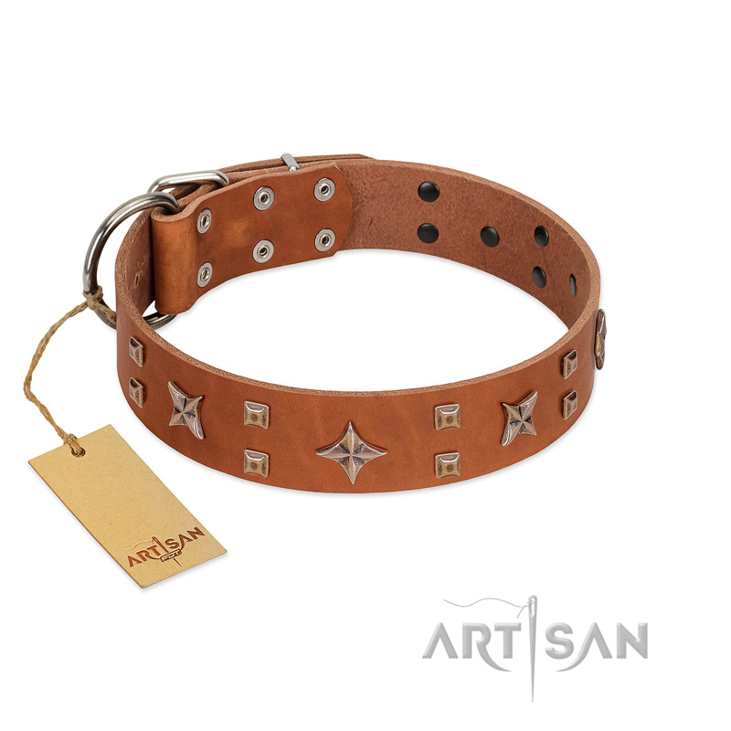 "Dreamy Gleam" FDT Artisan Tan Leather Doberman Collar Adorned with Stars and Squares - Click Image to Close