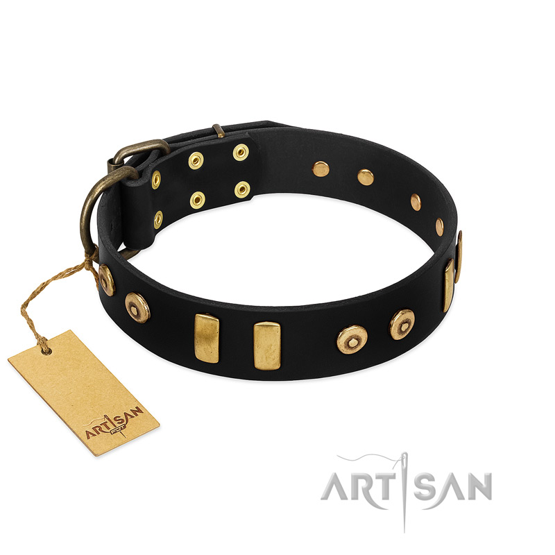 "Rare Dog" FDT Artisan Black Leather Doberman Collar with Old Bronze-like Dotted Studs and Tiles
