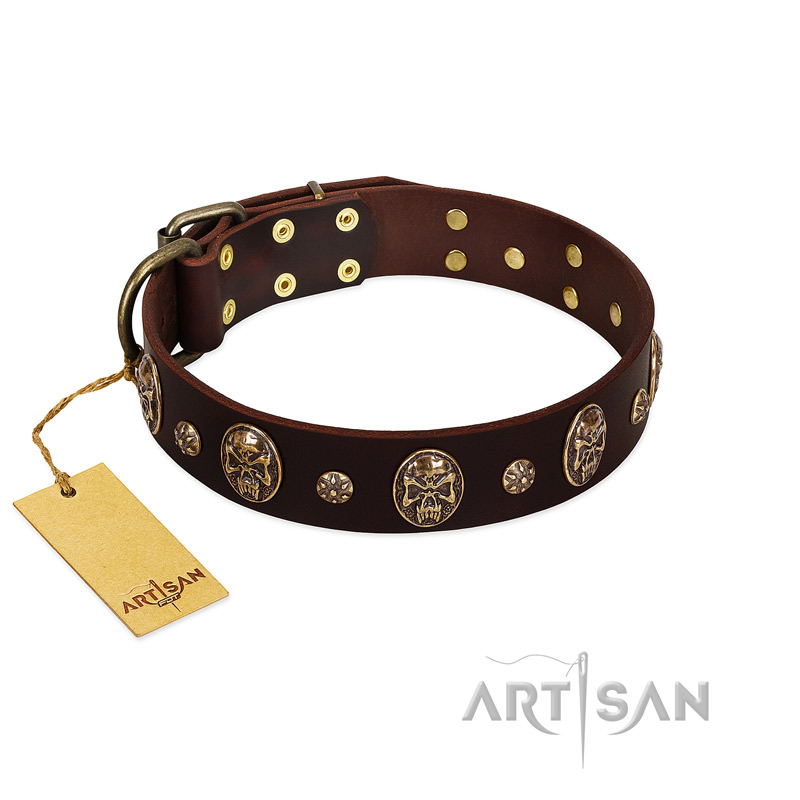 "Breaking the Horizon" FDT Artisan Brown Leather Doberman Collar with Engraved Studs and Medallions - Click Image to Close