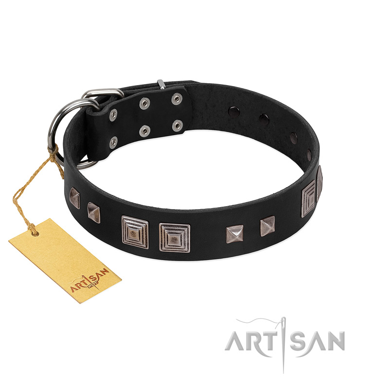 "Foregone Riches" FDT Artisan Black Leather Doberman Collar with Old Silver-like Square Studs and Pyramids - Click Image to Close