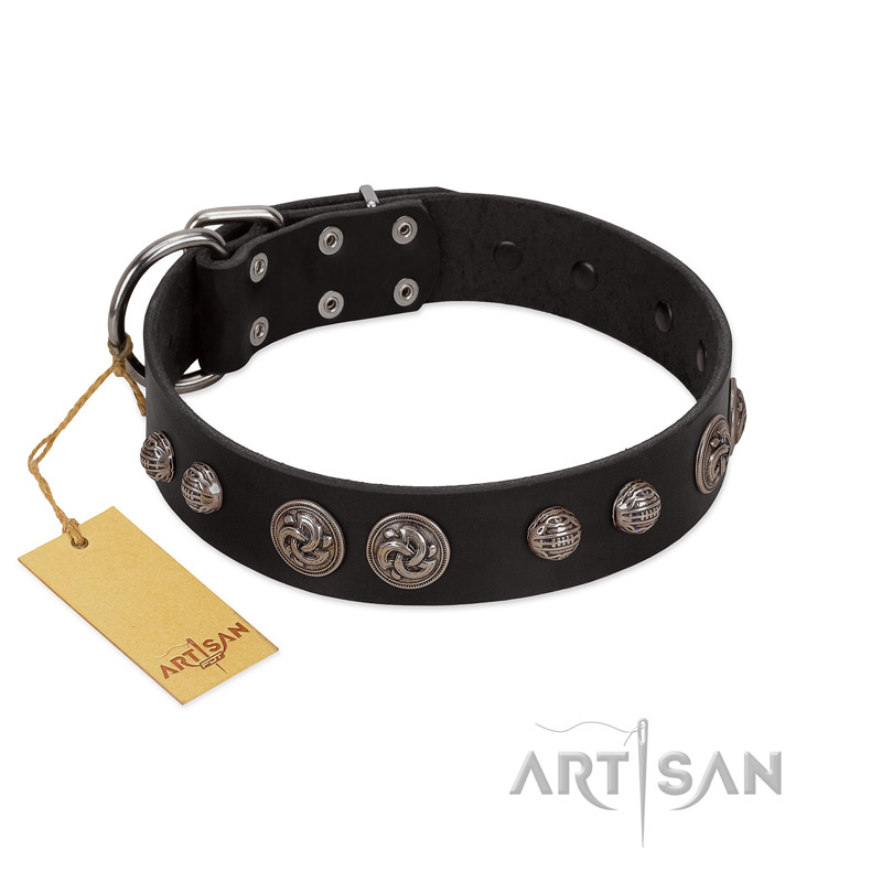 "Tricky Ricky" FDT Artisan Black Leather Doberman Collar Adorned with Silver-Like Conchos
