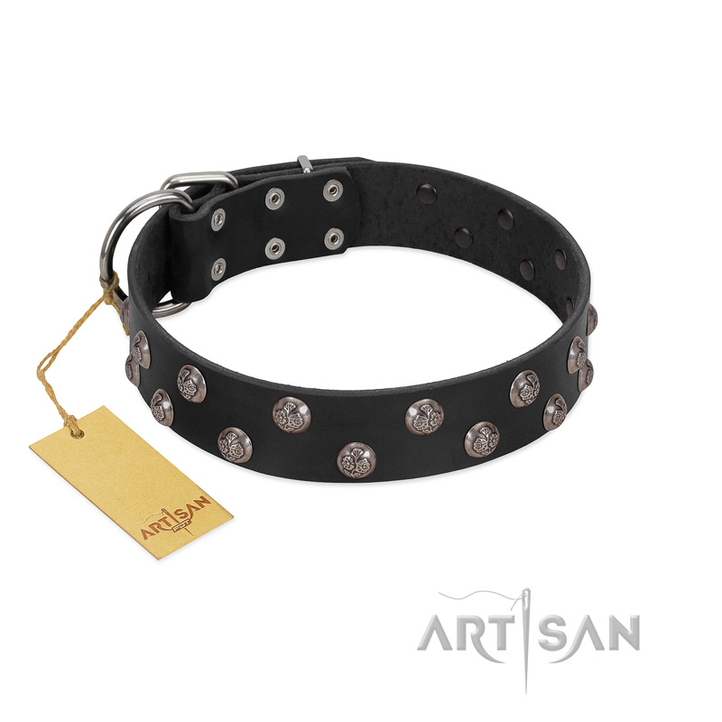"Power-Flower" FDT Artisan Black Leather Doberman Collar with Two Rows of Silver-like Studs with Engraved Flowers