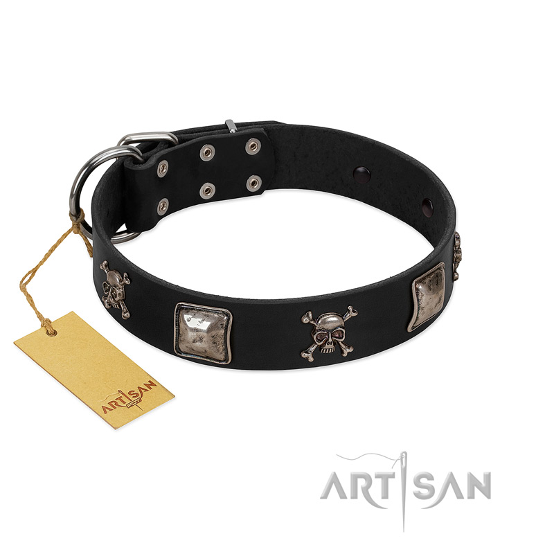 "Sea Rover" Embellished FDT Artisan Black Leather Doberman Collar with Chrome Plated Crossbones and Plates