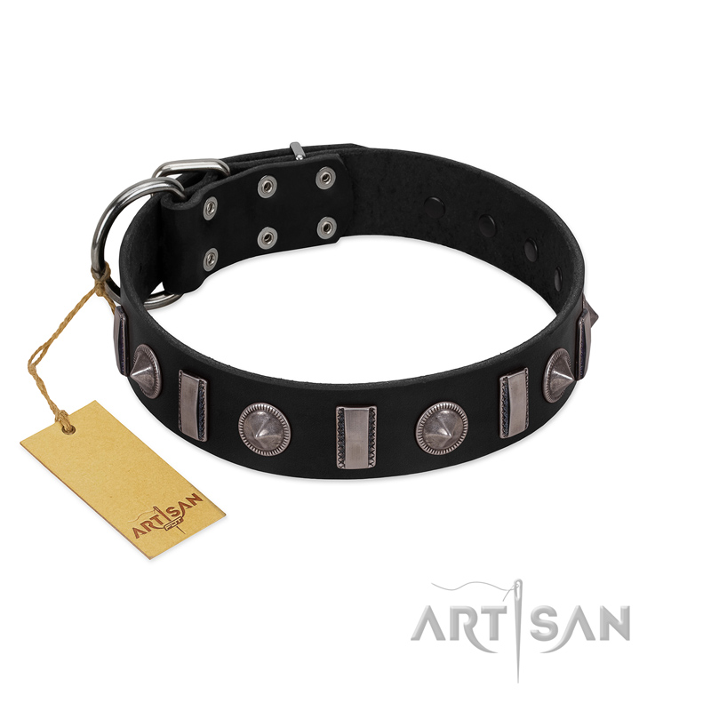 "Silver Spikes" Exclusive FDT Artisan Black Leather Doberman Collar - Click Image to Close