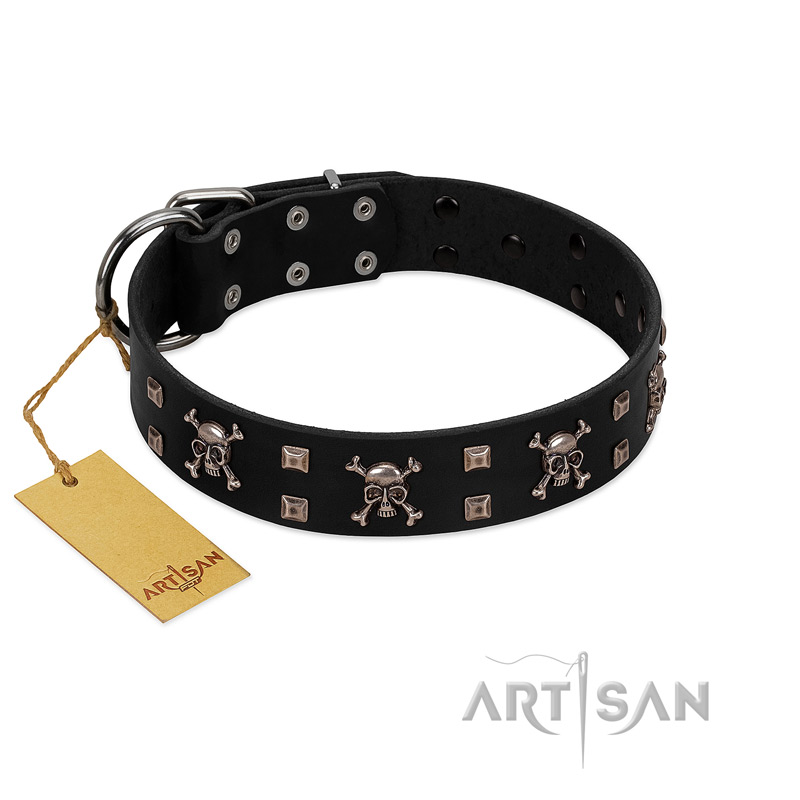 "Black Jack" Stylish Handmade FDT Artisan Black Leather Doberman Collar - Click Image to Close