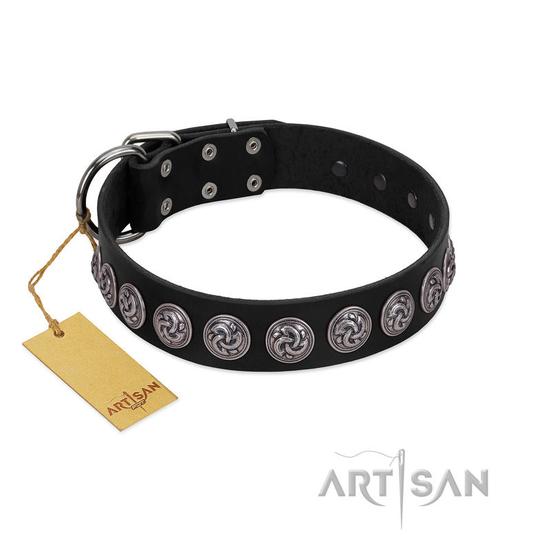 "Black Raven" Handmade FDT Artisan Black Leather Doberman Collar with Silver-Like Adornments