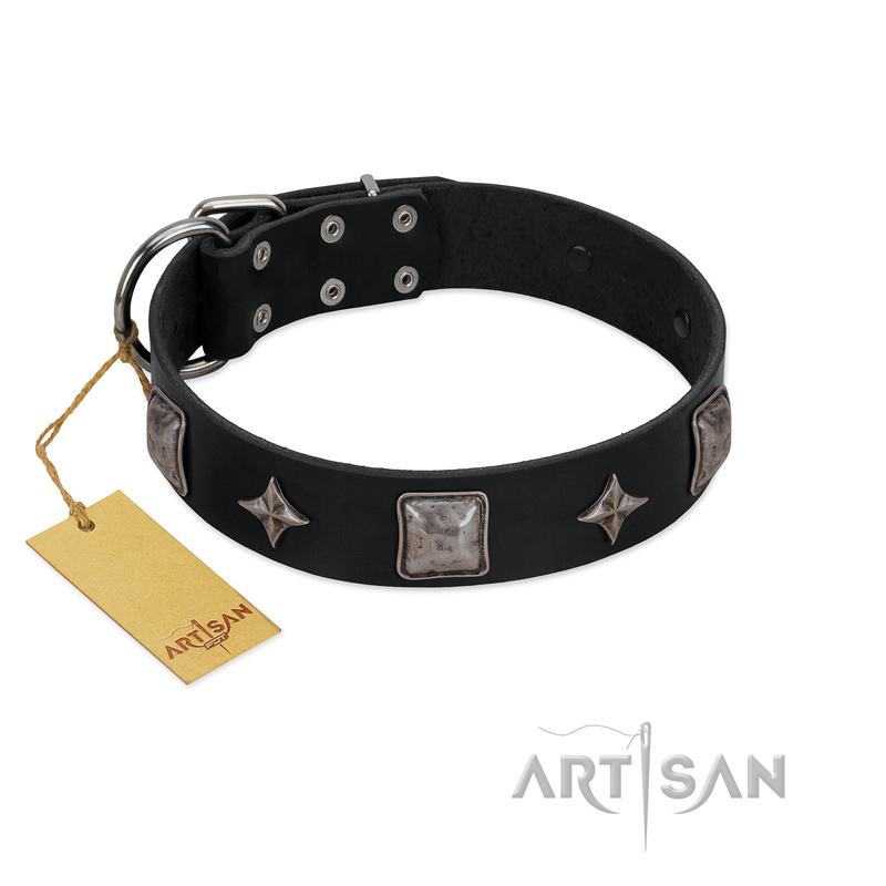 "Black Cavalier" Handmade FDT Artisan Black Leather Doberman Collar with Silver-Like Stars and Large Plates - Click Image to Close