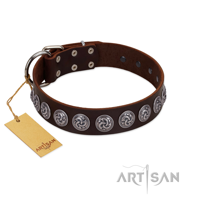 "Charming Circles" FDT Artisan Brown Leather Doberman Collar with Silver-like Studs - Click Image to Close