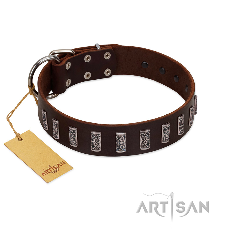"Brown Lace" Handmade FDT Artisan Brown Leather Doberman Collar for Everyday Walks - Click Image to Close