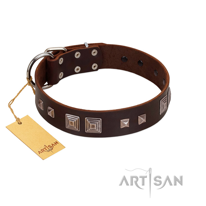 "Object of Virtu" FDT Artisan Brown Leather Doberman Collar with Old Silver-like Square Studs and Pyramids