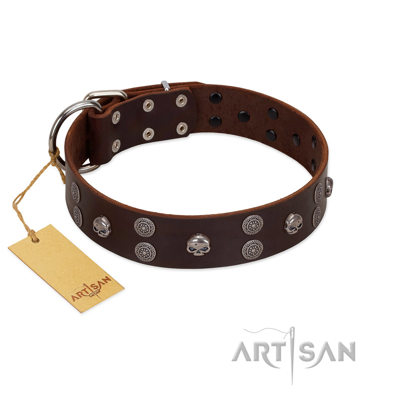 "Skull Valley" Handcrafted FDT Artisan Brown Leather Doberman Collar with Skulls - Click Image to Close