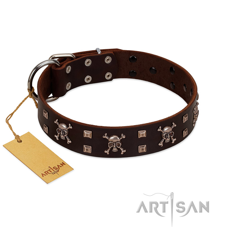 "Menacing Allure" FDT Artisan Brown Leather Doberman Collar Embellished with Silvery Crossbones and Square Studs - Click Image to Close